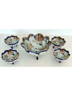 Navy Blue & Gold Japanese Kutani Bowls 5 pc. Early 20th century